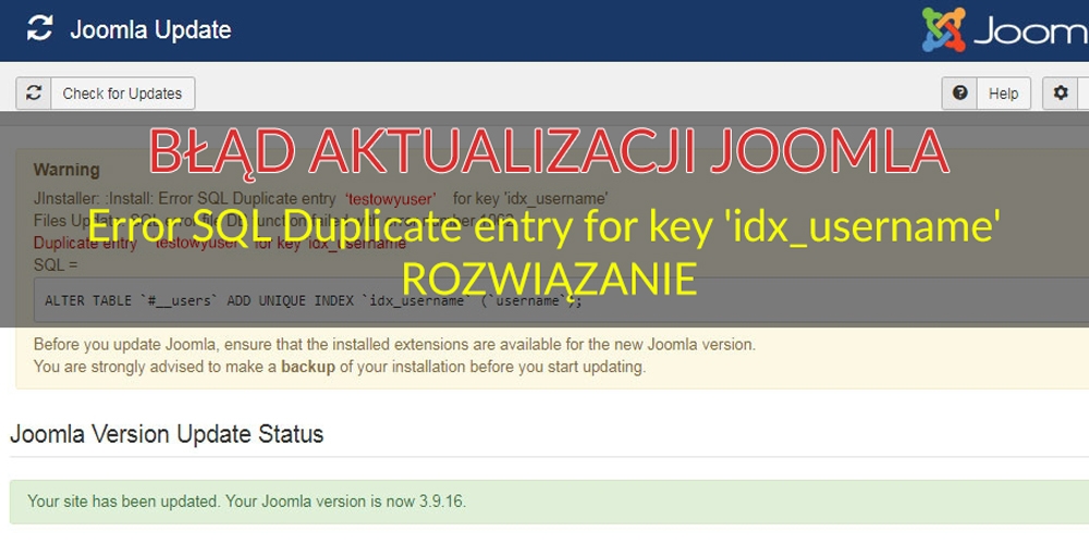 BŁĄD AKTUALIZACJI JOOMLA - Error SQL Duplicate entry for key 'idx_username' - ROZWIĄZANIE