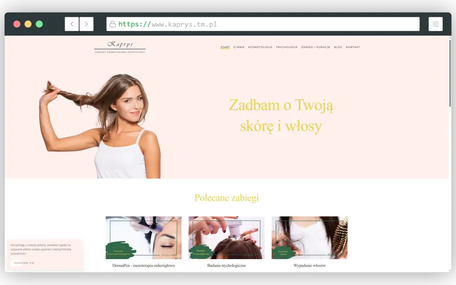 Projekt firmy usługowej gabinet kosmetologii i trychologii - Kaprys.tm.pl - wykonanie strony
