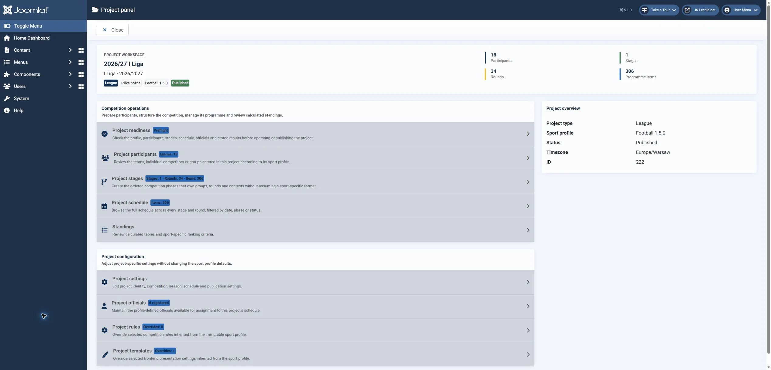 Obszar roboczy projektu rozgrywek w JoomLeague 6.2