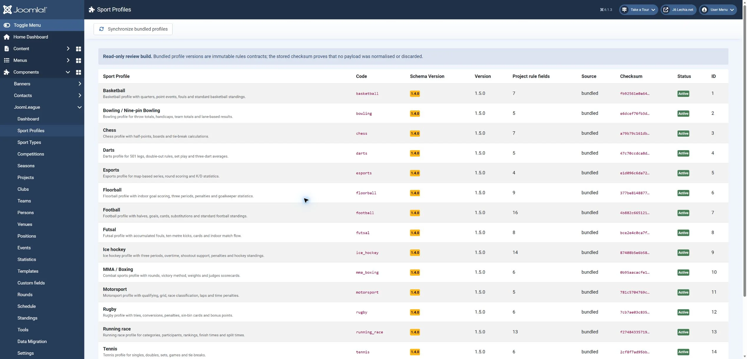 Lista profili sportowych w JoomLeague 6.2