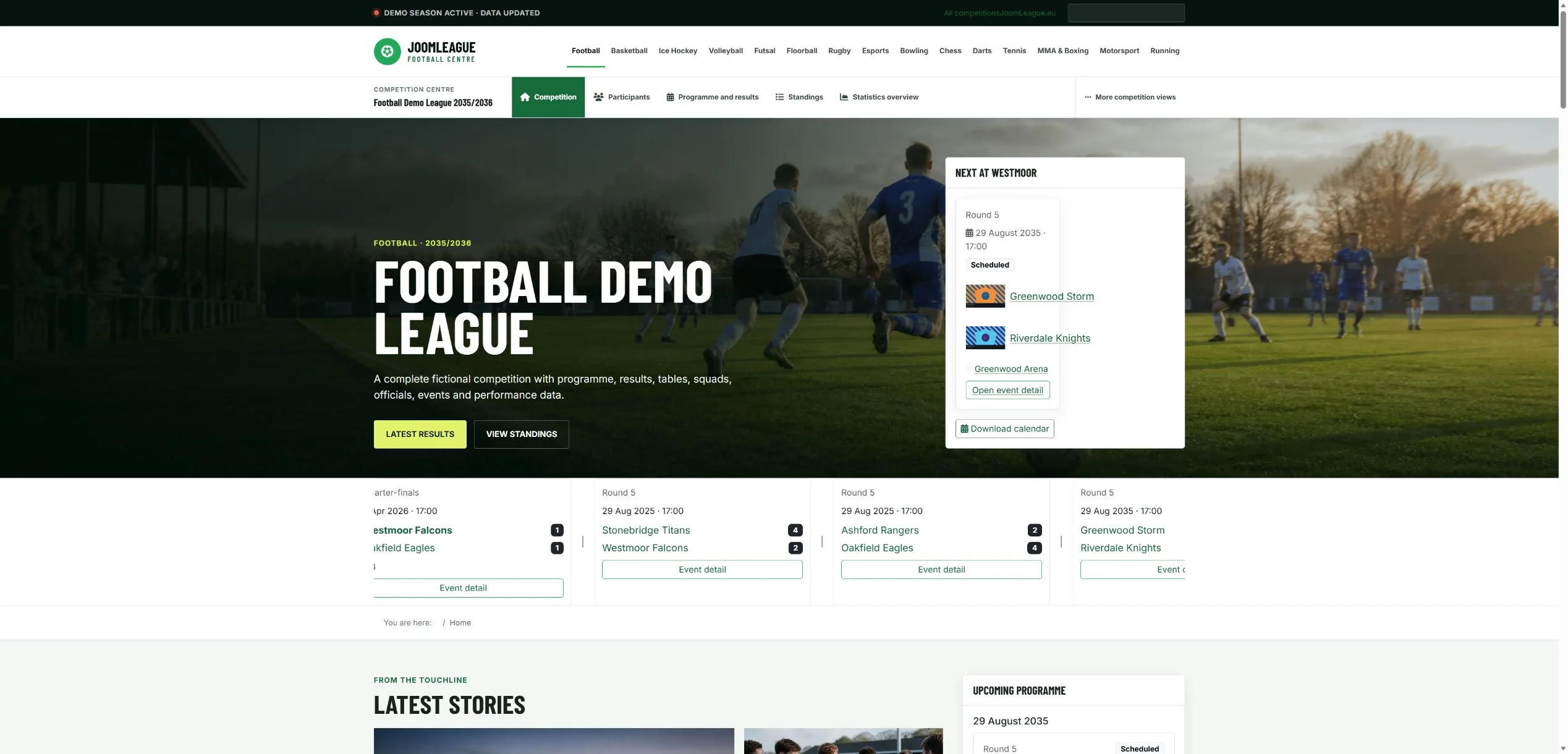 Strona rozgrywek w demonstracyjnej witrynie JoomLeague 6.2