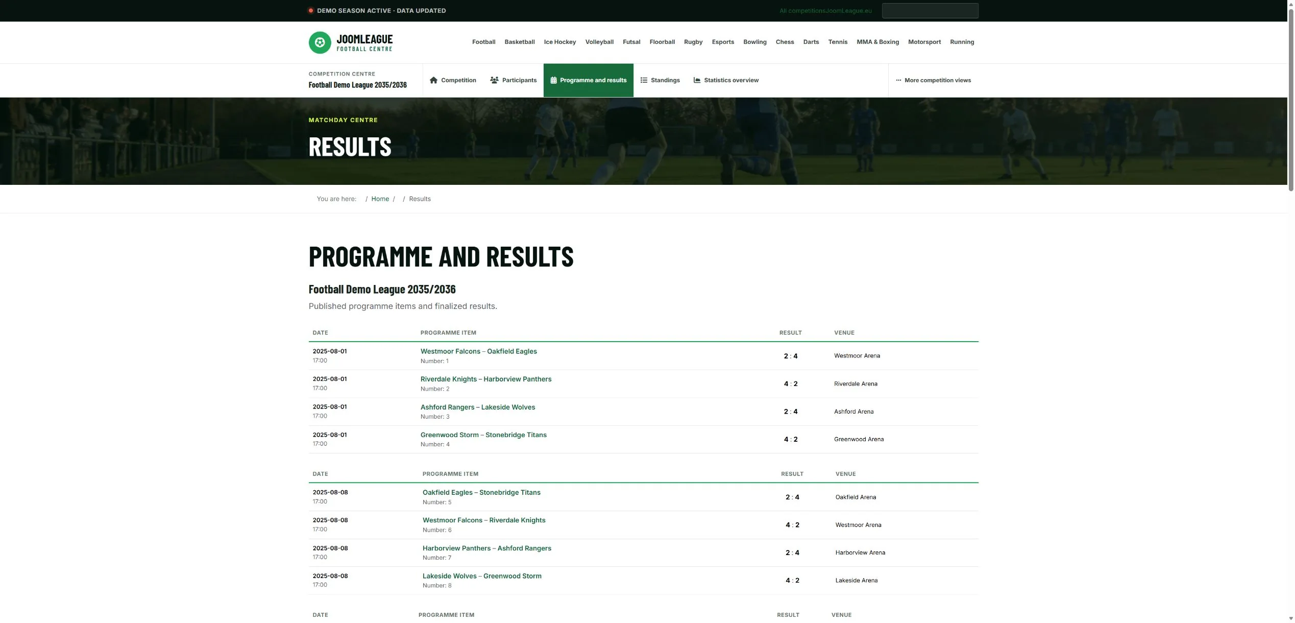 Terminarz i wyniki rozgrywek w demonstracyjnej witrynie JoomLeague 6.2