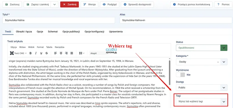 Joomla Artykuł dodawanie Tagów