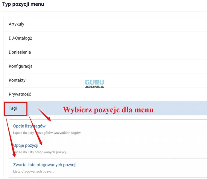Joomla menu publikowanie Tag lub grupy tagów