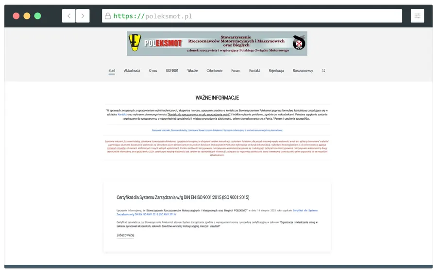 Projekt strony dla Stowarzyszenie Rzeczoznawców Motoryzacyjnych i Maszynowych oraz Biegłych - POLEKSMOT.pl - wykonanie strony