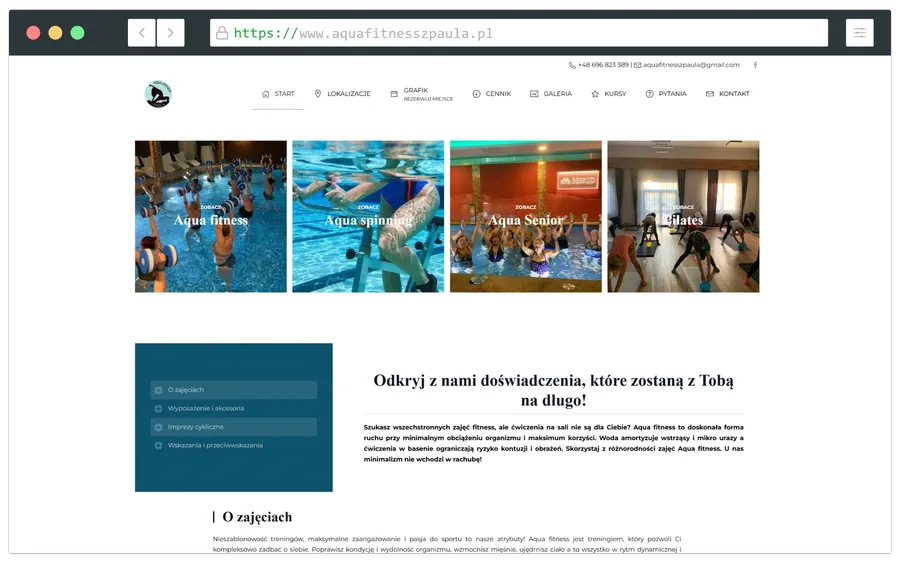 Projekt strony wodnego fitnessu - aquafitnesszpaula.pl - wykonanie strony