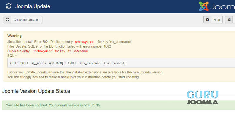 joomla error duplicate sql idx username