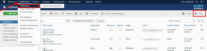 menu użytkownicy Joomla! zarządzanie użytkownikami.