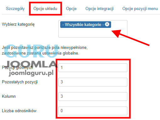 opcje ukladu odpowiedzialnego za wyświetlanie artykułów na stronie głównej. Niestandardowy układ 1 Główna pozycja 3 pozostałe pozycje w 3 kolumnach bez linków.