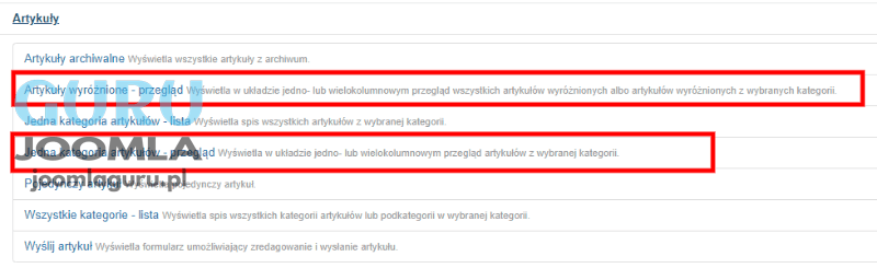 typ pozycji menu artykuły w Joomla. Przeglądy wyróżnionych oraz kategorii.