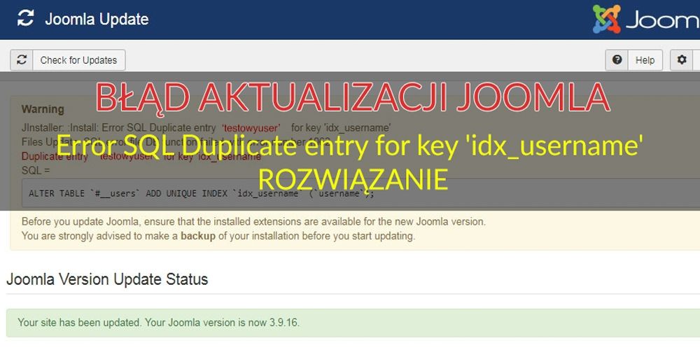 BŁĄD AKTUALIZACJI JOOMLA - Error SQL Duplicate entry for key 'idx_username' - ROZWIĄZANIE