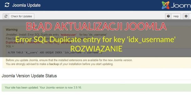 BŁĄD AKTUALIZACJI JOOMLA - Error SQL Duplicate entry for key 'idx_username' - ROZWIĄZANIE
