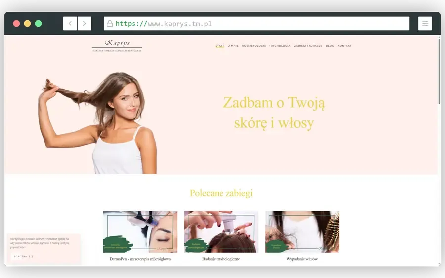 Projekt firmy usługowej gabinet kosmetologii i trychologii - Kaprys.tm.pl - wykonanie strony
