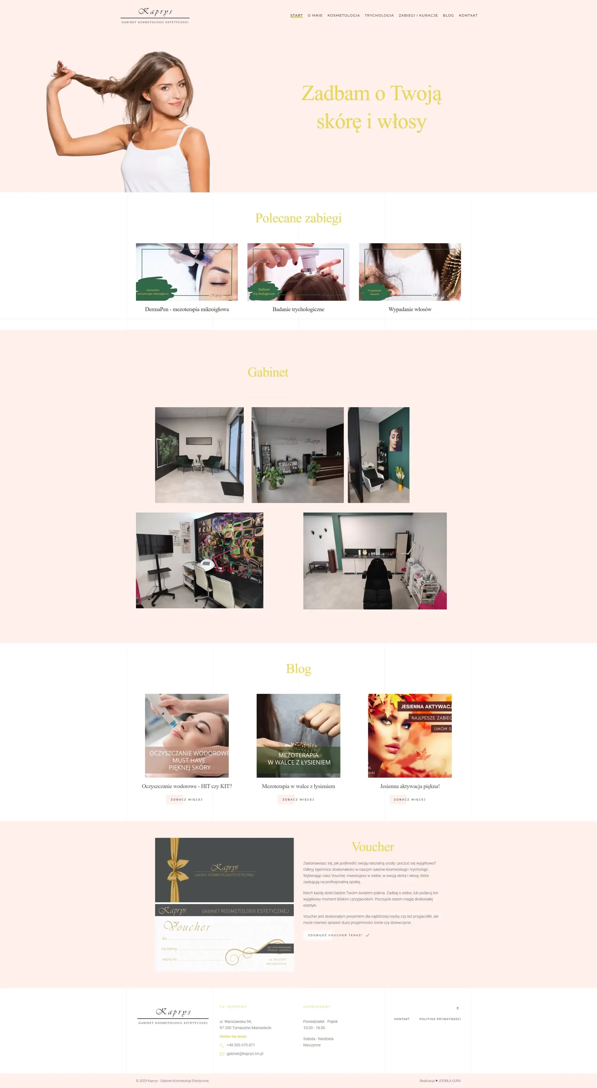 Projekt firmy usługowej gabinet kosmetologii i trychologii - Kaprys.tm.pl - wykonanie strony